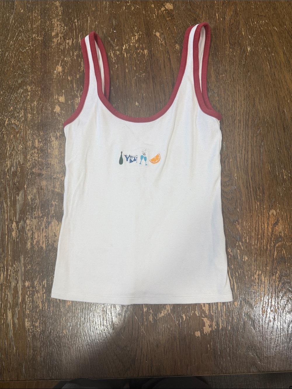 aerie White Ribbed Tank with reddish Trim and Mini Drink Graphic
